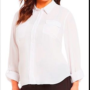 Investments 1X Women Plus Button Down Shirt Chest Pockets Tab Fold Sleeves NWT